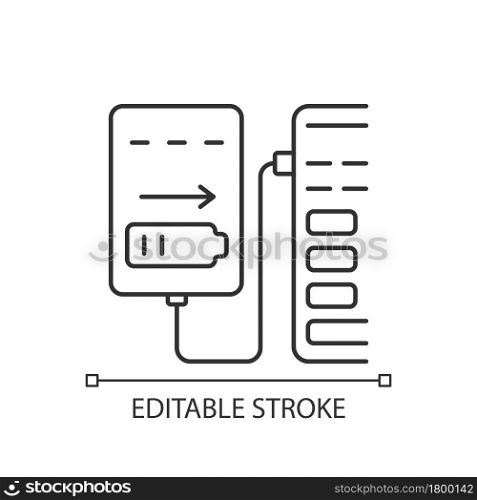 Recharge from computer USB port linear manual label icon. Thin line customizable illustration. Contour symbol. Vector isolated outline drawing for product use instructions. Editable stroke. Recharge from computer USB port linear manual label icon