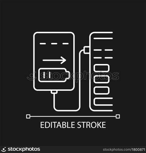 Recharge from computer white linear manual label icon for dark theme. Thin line customizable illustration. Isolated vector contour symbol for night mode for product use instructions. Editable stroke. Recharge from computer white linear manual label icon for dark theme