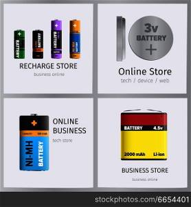 Recharge online business store elements banners set. Powerful batteries for electronic units with various power capacity. Energy replenishment appliances vector. Galvanic device for power charge.. Recharge Online Business Store Elements Banner Set