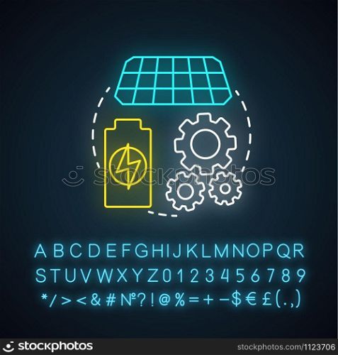 Recharge technology neon light concept icon. Sun batteries idea. Modern accumulators, power units. Innovative energy source. Glowing sign with alphabet, numbers, symbols. Vector isolated illustration