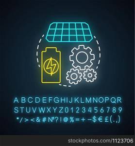 Recharge technology neon light concept icon. Sun batteries idea. Modern accumulators, power units. Innovative energy source. Glowing sign with alphabet, numbers, symbols. Vector isolated illustration