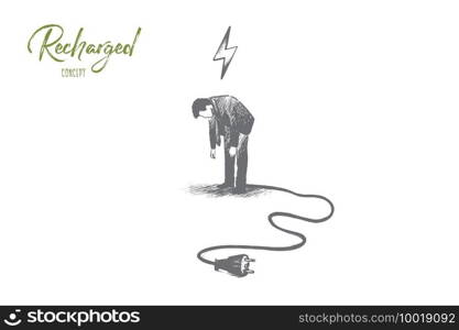 Recharge trainer concept. Hand drawn discharge businessman need to relax. Person needs energy for success isolated vector illustration.. Recharget trainer concept. Hand drawn isolated vector.
