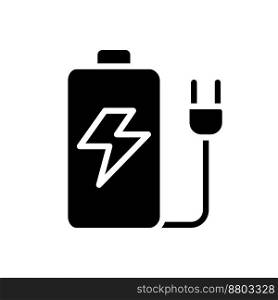 Rechargeable battery black glyph icon. Energy accumulator. Portable power storage. Source of electricity. Energy saver. Silhouette symbol on white space. Solid pictogram. Vector isolated illustration. Rechargeable battery black glyph icon