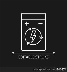 Rechargeable battery white linear manual label icon for dark theme. Thin line customizable illustration. Isolated vector contour symbol for night mode for product use instructions. Editable stroke. Rechargeable battery white linear manual label icon for dark theme