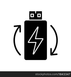 Rechargeable lithium ion battery black glyph manual label icon. Reusable accumulator. Energy for vr headset. Silhouette symbol on white space. Vector isolated illustration for product use instructions. Rechargeable lithium ion battery black glyph manual label icon