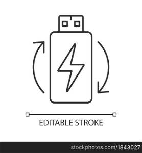Rechargeable lithium ion battery linear manual label icon. Thin line customizable illustration. Contour symbol. Vector isolated outline drawing for product use instructions. Editable stroke. Rechargeable lithium ion battery linear manual label icon