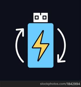 Rechargeable lithium ion battery RGB color manual label icon for dark theme. Isolated vector illustration on night mode background. Simple filled line drawing on black for product use instructions. Rechargeable lithium ion battery RGB color manual label icon for dark theme