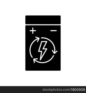 Rechargeable lithium polymer battery black glyph manual label icon. Highest energy density. Silhouette symbol on white space. Vector isolated illustration for product use instructions. Rechargeable lithium polymer battery black glyph manual label icon