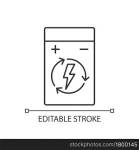 Rechargeable lithium polymer battery linear manual label icon. Thin line customizable illustration. Contour symbol. Vector isolated outline drawing for product use instructions. Editable stroke. Rechargeable lithium polymer battery linear manual label icon