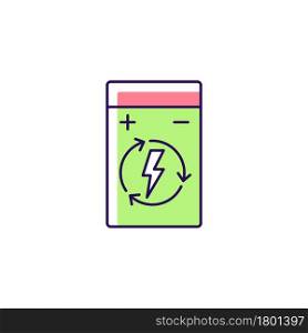 Rechargeable lithium polymer battery RGB color manual label icon. Lithium-ion product. Highest energy density. Isolated vector illustration. Simple filled line drawing for product use instructions. Rechargeable lithium polymer battery RGB color manual label icon