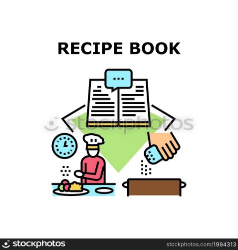 Recipe Book Vector Icon Concept. Culinary Recipe Book For Cooking Delicious Meal On Restaurant Or Home Kitchen. Chef Preparing Tasty Meal From Natural Fresh Ingredient Color Illustration. Recipe Book Vector Concept Color Illustration