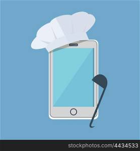 Recipe on the phone concept design. Smartphone with a white cap with a large spoon. Cooking with use mobile phone technology internet, smartphone online restaurant modern. Vector illustration