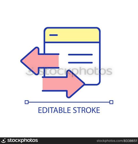 Reciprocal links RGB color icon. Website information exchange. Internet site content. Browser window. Isolated vector illustration. Simple filled line drawing. Editable stroke. Arial font used. Reciprocal links RGB color icon