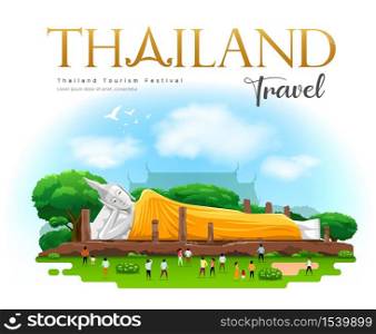 Reclining Buddha Yellow robe, Khun Inthapramun Temple, with Ang Thong Province, Travel Thailand on cloud and sky with bird flying background, vector illustration