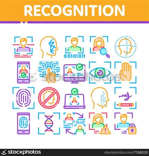 Recognition Collection Elements Icons Set Vector Thin Line. Eye Scanning, Biometric Recognition, Face Id Systems, Human Silhouette Concept Linear Pictograms. Color Contour Illustrations. Recognition Collection Elements Icons Set Vector