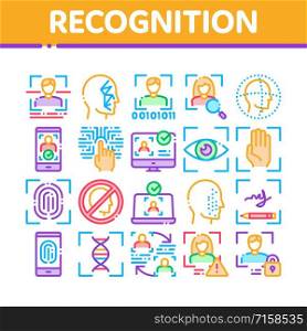 Recognition Collection Elements Icons Set Vector Thin Line. Eye Scanning, Biometric Recognition, Face Id Systems, Human Silhouette Concept Linear Pictograms. Color Contour Illustrations. Recognition Collection Elements Icons Set Vector