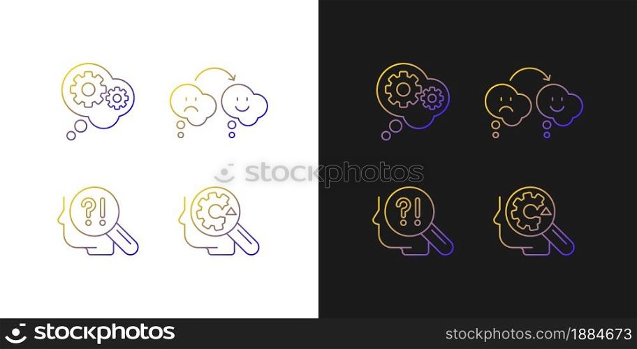 Recognize ones weaknesses gradient icons set for dark and light mode. Reasoning, changing opinion. Thin line contour symbols bundle. Isolated vector outline illustrations collection on black and white. Recognize ones weaknesses gradient icons set for dark and light mode