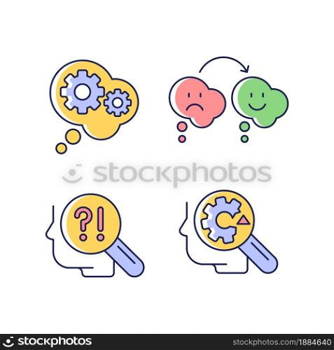 Recognize ones weaknesses RGB color icons set. Reasoning and changing opinion. Self monitoring and development. Critical thinking. Isolated vector illustrations. Simple filled line drawings collection. Recognize ones weaknesses RGB color icons set