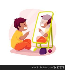Recognizing self in a mirror isolated cartoon vector illustration. Baby looks in a mirror, infant recognizes himself, self-awareness, development milestone, child care center vector cartoon.. Recognizing self in a mirror isolated cartoon vector illustration.