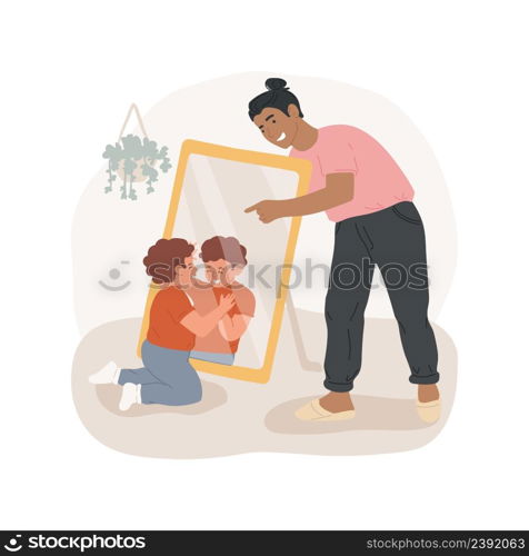 Recognizing self in a mirror isolated cartoon vector illustration Baby looks in a mirror, infant recognizes himself, self-awareness, development milestone, child care center vector cartoon.. Recognizing self in a mirror isolated cartoon vector illustration