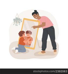 Recognizing self in a mirror isolated cartoon vector illustration Baby looks in a mirror, infant recognizes himself, self-awareness, development milestone, child care center vector cartoon.. Recognizing self in a mirror isolated cartoon vector illustration