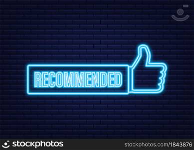 Recommend icon. White label recommended on blue background. Neon icon. Vector stock illustration. Recommend icon. White label recommended on blue background. Neon icon. Vector stock illustration.