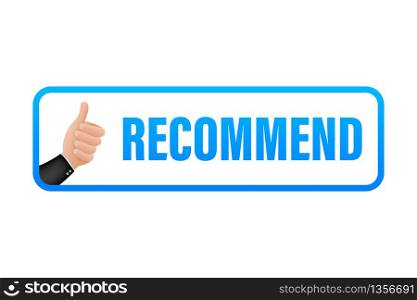 Recommend icon. White label recommended on blue background. Vector stock illustration.. Recommend icon. White label recommended on blue background. Vector stock illustration