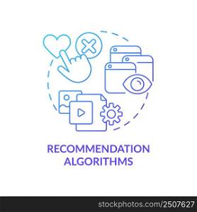 Recommendation algorithms blue gradient concept icon. User suggestions. Use of machine learning abstract idea thin line illustration. Isolated outline drawing. Myriad Pro-Bold font used. Recommendation algorithms blue gradient concept icon
