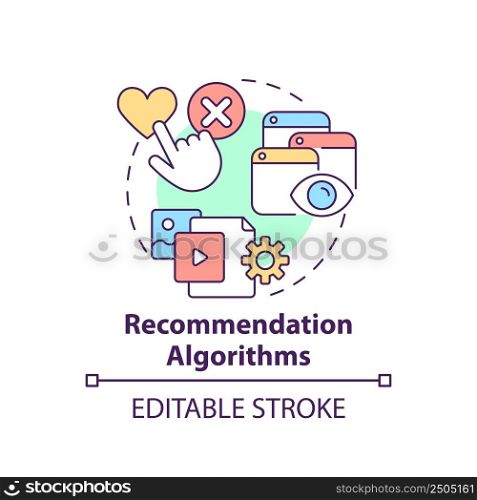 Recommendation algorithms concept icon. User suggestions. Use of machine learning abstract idea thin line illustration. Isolated outline drawing. Editable stroke. Arial, Myriad Pro-Bold fonts used. Recommendation algorithms concept icon