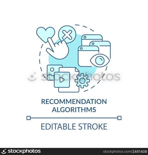 Recommendation algorithms turquoise concept icon. Use of machine learning abstract idea thin line illustration. Isolated outline drawing. Editable stroke. Arial, Myriad Pro-Bold fonts used. Recommendation algorithms turquoise concept icon