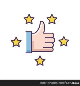 Recommendation RGB color icon. Thumbs up. Five star. Review rate. Customer satisfaction level. Approve of client service. Top quality. Bestseller sign. Blog vote. Isolated vector illustration