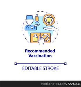 Recommended vaccination concept icon. Protection against covid abstract idea thin line illustration. Vaccine-preventable diseases. Vector isolated outline color drawing. Editable stroke. Recommended vaccination concept icon