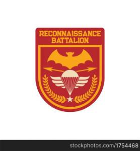 Reconnaissance Battalion United States Marine Corps1st Recon Bn patch on military cloth isolated. 1st Marine Division and I Marine Expeditionary Force I MEF. Airborne special division military chevron. Military chevron airborne special division squad