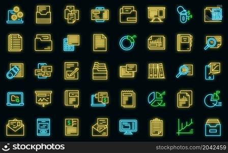 Record keeping icons set outline vector. Contract budget. Invoice evaluation. Record keeping icons set vector neon