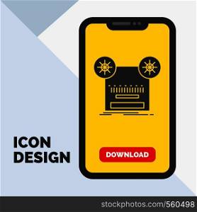 Record, recording, retro, tape, music Glyph Icon in Mobile for Download Page. Yellow Background. Vector EPS10 Abstract Template background