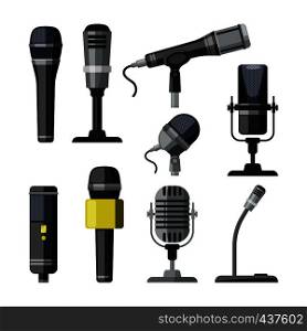 Recorder, microphone and dictaphone for reporters. Vector illustrations in cartoon style microphone equipment and dictaphone for record multimedia. Recorder, microphone and dictaphone for reporters. Vector illustrations in cartoon style