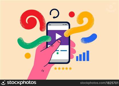 Recording and listening to audio concept. Human hand ready to touch play button for audio song or podcast record on smartphone screen vector illustration . Recording and listening to audio concept