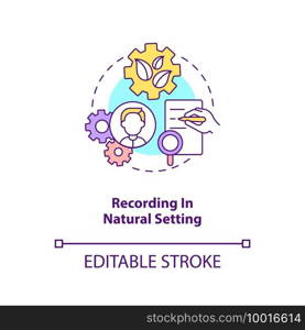 Recording in natural setting concept icon. Interviewing of people and observing setting idea thin line illustration. Data and information. Vector isolated outline RGB color drawing. Editable stroke. Recording in natural setting concept icon