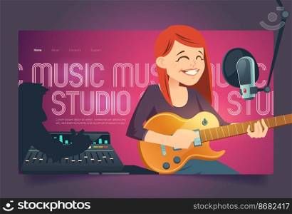 Recording studio cartoon landing page, singer woman with guitar sing in music booth with microphone and engineer capturing, mixing and mastering s&les on sound recorder board, vector illustration. Recording studio cartoon landing page with singer