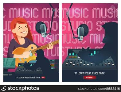 Recording studio cartoon poster, singer woman with guitar sing in music booth with microphone and engineer capturing, mixing and mastering s&les on sound recorder board, vector illustration. Recording studio cartoon poster with singer