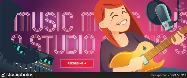 Recording studio cartoon web banner, singer woman with guitar sing in music booth with microphone and engineer capturing, mixing and mastering samples on sound recorder board, vector illustration. Recording studio cartoon web banner with singer