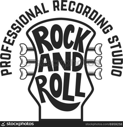 Recording studio. Guitar head with lettering. Rock and roll. Design element for logo, label, emblem, sign. Vector illustration. Recording studio. Guitar head with lettering. Rock and roll. Design element for logo, label, emblem, sign.