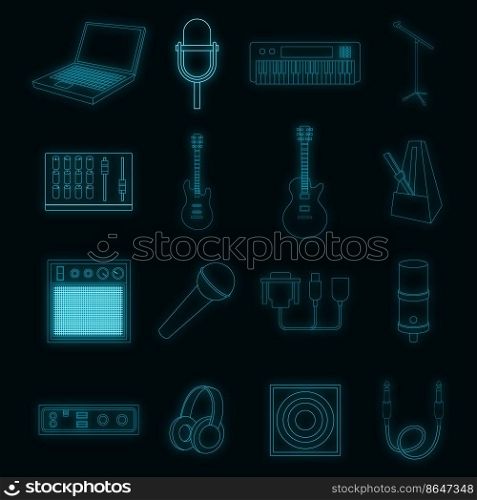 Recording studio icons set. Illustration of 16 recording studio vector icons neon color on black. Recording studio icons set vector neon