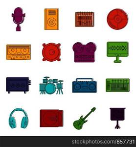 Recording studio items icons set. Doodle illustration of vector icons isolated on white background for any web design. Recording studio items icons doodle set