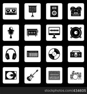 Recording studio items icons set in white squares on black background simple style vector illustration. Recording studio items icons set squares vector