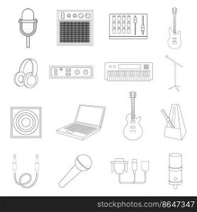 Recording studio set icons in outline style isolated on white background. Recording studio icon set outline