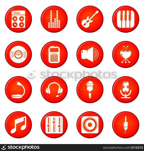 Recording studio symbols icons set vector red circle isolated on white background . Recording studio symbols icons set red vector