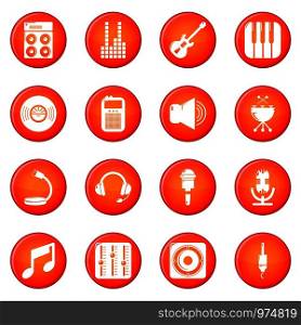 Recording studio symbols icons set vector red circle isolated on white background . Recording studio symbols icons set red vector