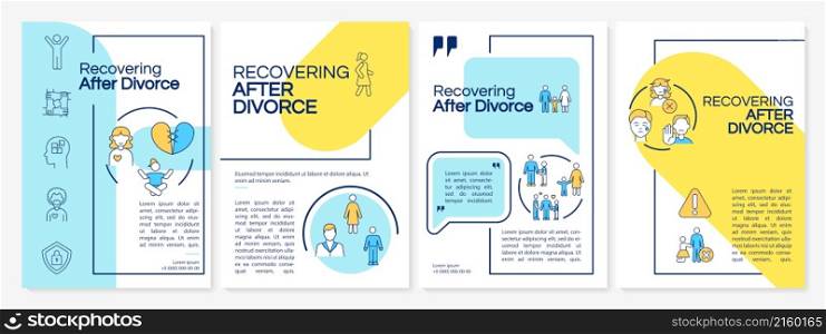 Recovering after divorce blue and yellow brochure template. Booklet print design with linear icons. Vector layouts for presentation, annual reports, ads. Questrial-Regular, Lato-Regular fonts used. Recovering after divorce blue and yellow brochure template