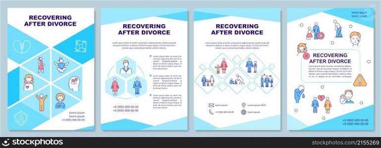 Recovering after divorce blue brochure template. Support care. Booklet print design with linear icons. Vector layouts for presentation, annual reports, ads. Arial-Black, Myriad Pro-Regular fonts used. Recovering after divorce blue brochure template
